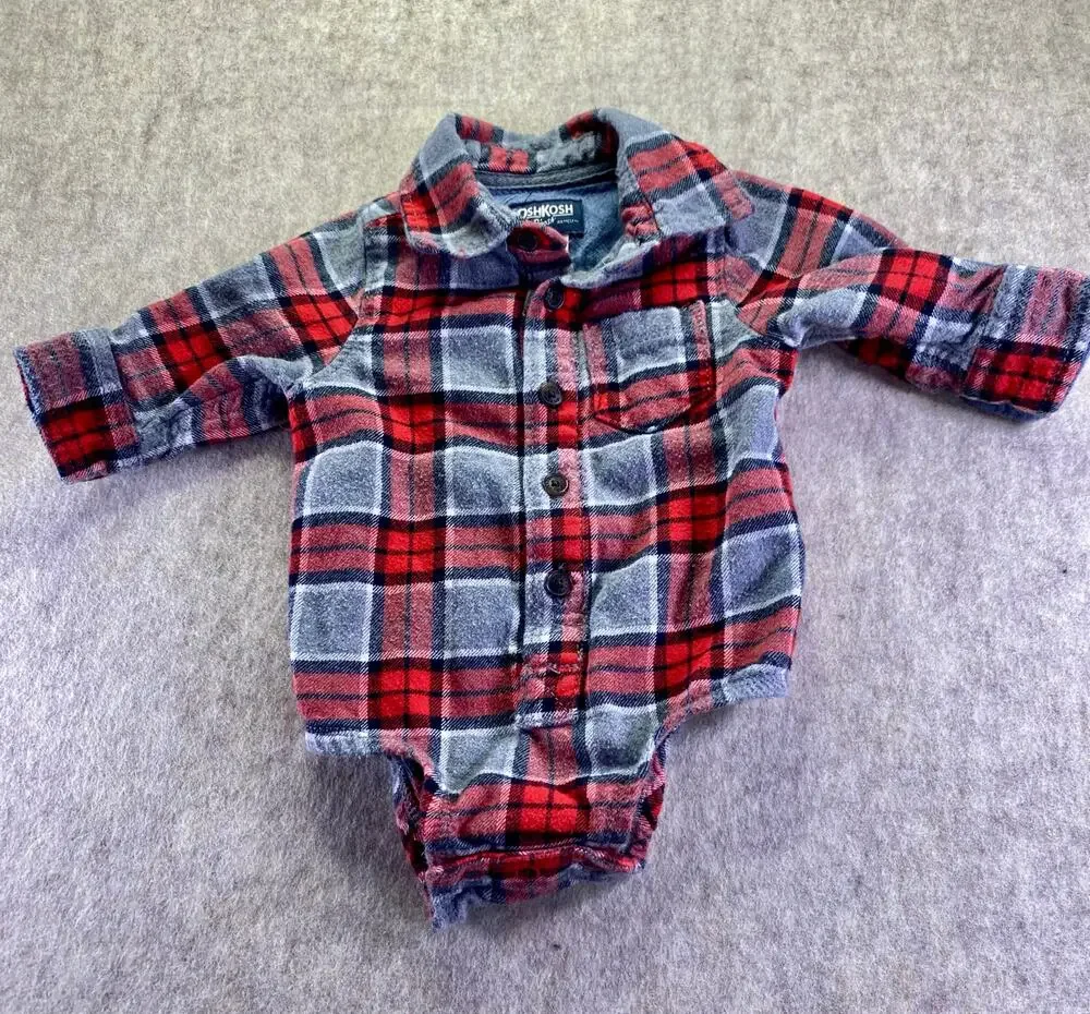 OshKosh B'Gosh 100% Cotton Red and Gray Button Front Flannel Shirt Size 6 Months